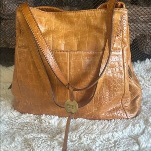 Margot Camel Crocodile-Patterned Shoulder Bag - Leather